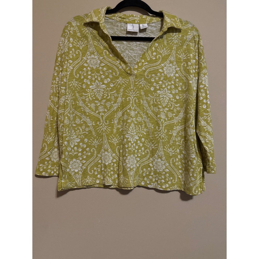 Joie Women Chartreuse Green Linen Blend Paisley Damask V-Neck Top L Minimalist